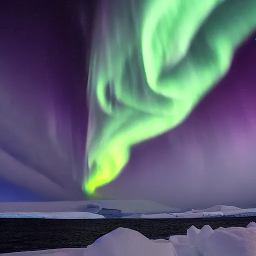 Image similar to evil rising in antarctica, heavy snow storm, northern lights