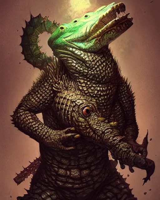 Prompt: Caiman from Dorohedoro, tiny, small, short, cute and adorable, pretty, beautiful, DnD character art portrait, matte fantasy painting, DeviantArt Artstation, by Jason Felix by Steve Argyle by Tyler Jacobson by Peter Mohrbacher, cinematic lighting