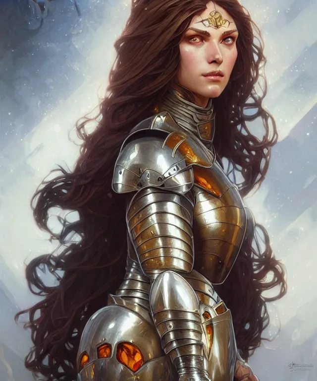 Image similar to Muscular and powerful medieval knight woman portrait, sci-fi, amber eyes, face, long hair, fantasy, intricate, elegant, highly detailed, digital painting, artstation, concept art, smooth, sharp focus, illustration, art by artgerm and greg rutkowski and alphonse mucha