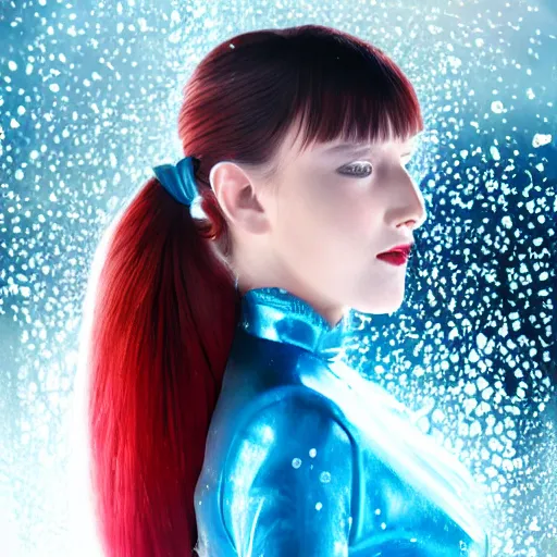 Image similar to a beautiful girl with long blue ponytail, bangs, pale skin, wearing red formal attire, highly detailed, 8 k, octane render, professional portrait, realistic oil painting, rainy window, water droplets frozen in time, god rays,