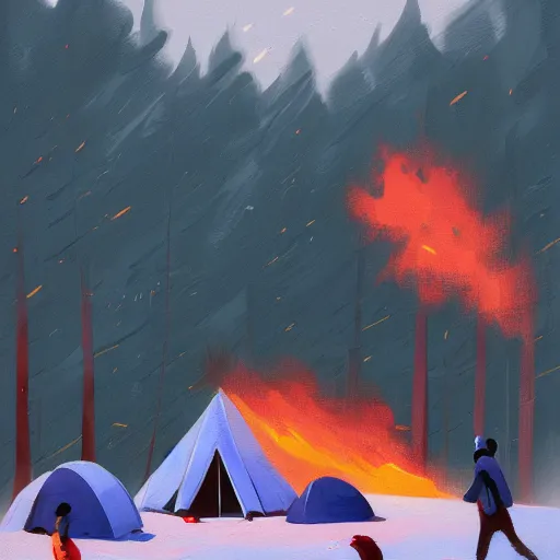 Image similar to a camp with tents on fire, burning down, shadows of 3 girls watching the camp burn, snow, dusk, painted by Sylvain Sarrailh, trending on Artstation