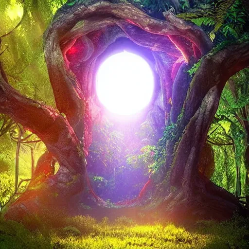 Image similar to portal to another dimension inside a beautiful tree in a densely overgrown jungle, fantasy, dreamlike sunrise volumetric lighting, ultra realistic, atmospheric, stopped in time, epic