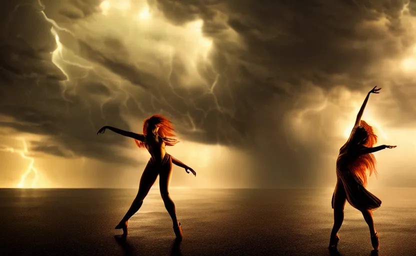 Image similar to a hyperdetailed photorealistic beautiful woman dancing in a thunderstorm, rain, global illumination, volumetric lighting, cinematic framing, cinematic lighting, cinematic shadows, in the style of 2 0 2 2