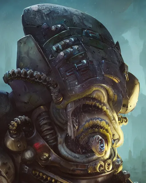 Image similar to hyper realistic portrait of heroic warhammer 4 0 k android head, cinematic, chaos marine, wolf, horror, muppet, octopus, artstation, cgsociety, full head and shoulders, greg rutkowski, james gurney, mignola, craig mullins, brom redshift, vray, octane