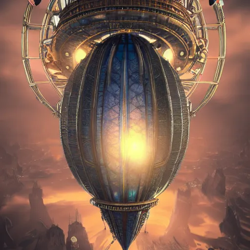 Image similar to enormous flying city in a faberge egg, sky, steampunk, fantasy art, masterpiece, unreal engine, artstation