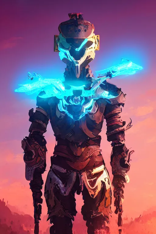 Image similar to combination suit armor aloy horizon forbidden west horizon zero dawn radiating a glowing aura global illumination ray tracing hdr fanart arstation by ian pesty and alena aenami artworks in 4 k tribal robot ninja mask helmet backpack