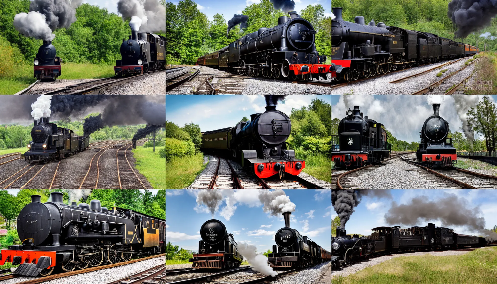 Prompt: restored black steam locomotive travelling on train tracks, photograph