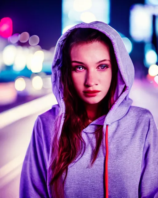 Prompt: a closeup portrait of as beautiful young woman wearing a transparent hoody standing in the middle of a busy night road, misty with lots of bright neon lights on the background, very backlit, moody feel, dramatic