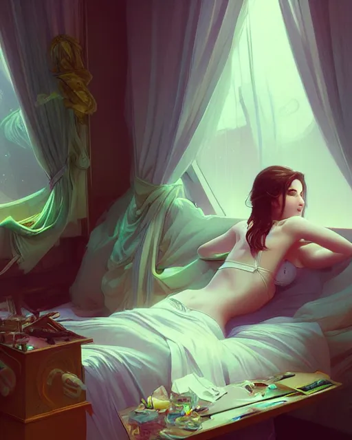 Image similar to emily rajtkowski, posing, vaporwave, bedroom, highly detailed, digital painting, artstation, concept art, smooth, sharp focus, illustration, art by artgerm and greg rutkowski and alphonse mucha