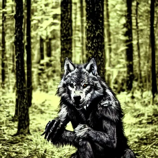 Image similar to werecreature consisting of a human and wolf, photograph captured in a forest