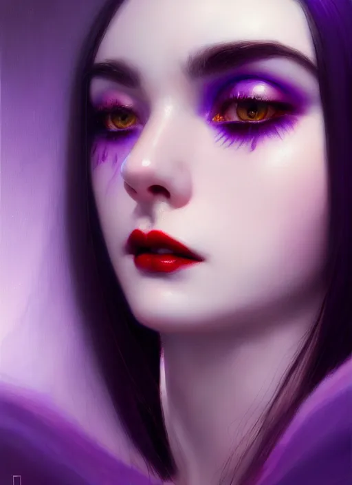 Image similar to portrait of pale teenage girl, red irises, black hair, white bangs, purple lipstick, white bangs, bangs, intricate, elegant, glowing lights, highly detailed, digital painting, artstation, concept art, smooth, sharp focus, illustration, art by wlop, mars ravelo and greg rutkowski