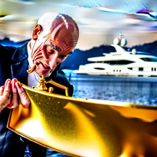 Image similar to old man polishing a gold plated mega yacht, clear and focused, elegant, photograph