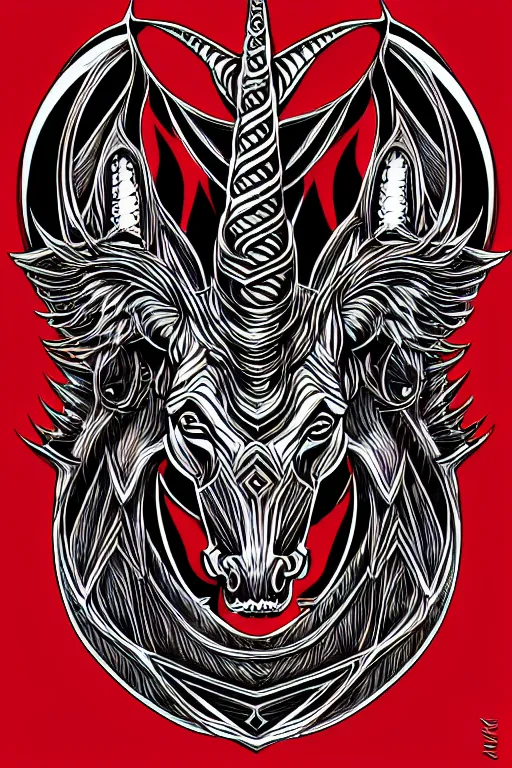 Image similar to satanic unicorn, symmetrical, highly detailed, digital art, sharp focus, trending on art station, red and black