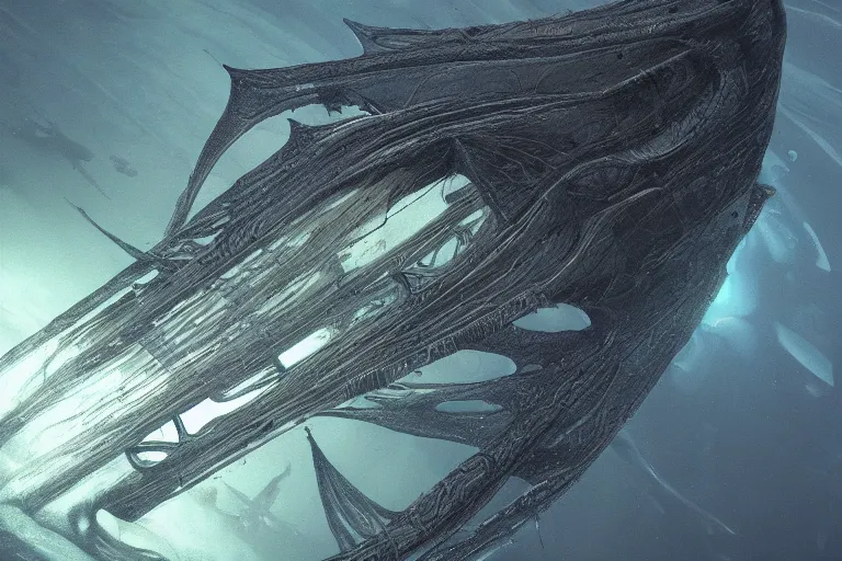 Image similar to dark underwater alien ocean, high resolution, 4 k, cgsociety, moebius, giger