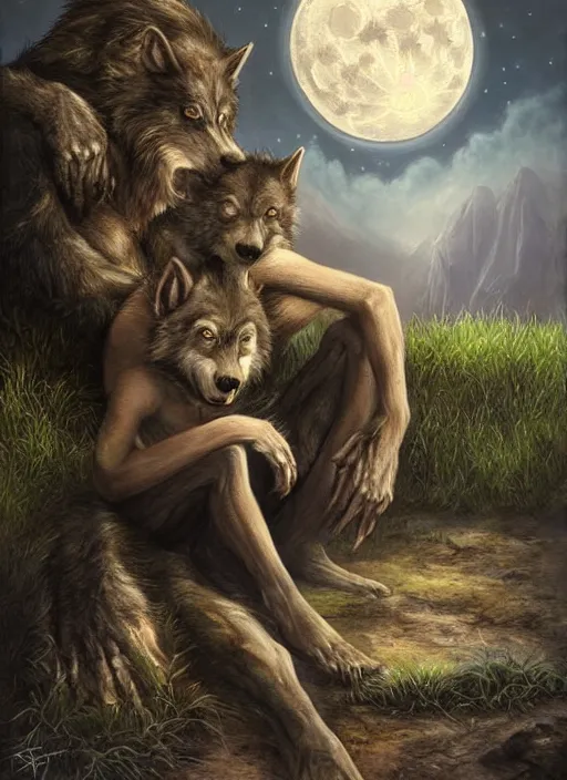 Prompt: a realistic painting of a werewolf at night sitting next to a child in front of full moon, fantasy art, matte painting, highly detailed