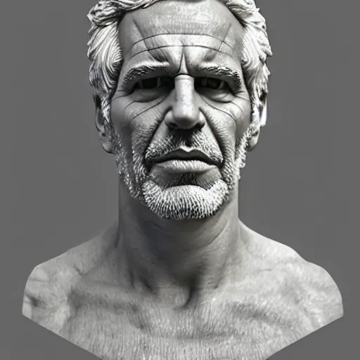 Image similar to hellenic marble sculpture of Jeffrey Epstein, realistic human anatomy sculpture, detailed anatomy, perfect anatomy, intricate sculpture, chiseled muscles, godlike