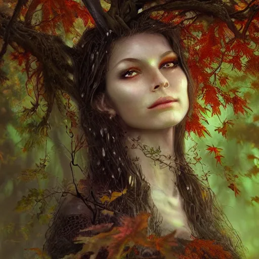 Image similar to portrait of a dryad, in a forest of fey autumn maples, her skin glistens with rainwater, she has a devilish smile and feline eyes, her hair intertwines with roots and foliage by greg rutkowski and brian froud and jessica rossier dark mysterious, filtered evening light