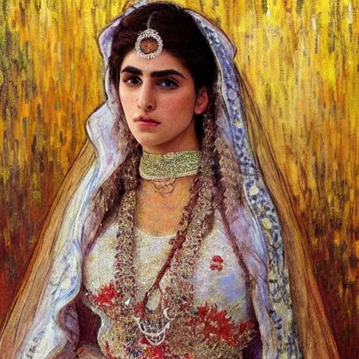 Image similar to full body portrait of a beautiful Kurdish bride wearing a beautiful wedding dress, very detailed eyes, hyperrealistic, beautiful and symmetrical face, very detailed painting by Claude Monet and Alphonse Mucha, trending on artstation, extremely high detail, incredibly intricate