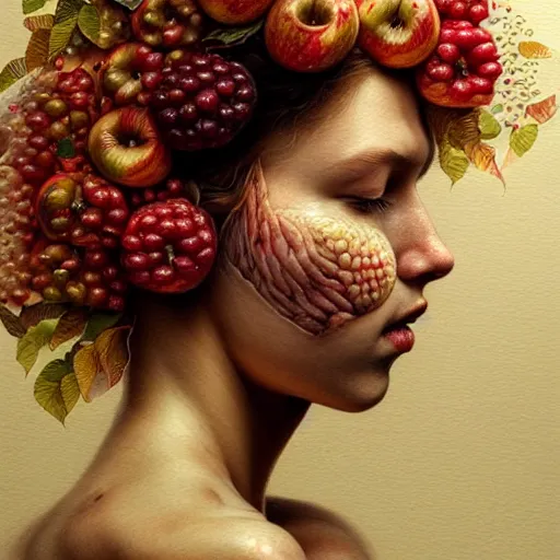 Image similar to portrait made of apples and fruit, fantasy, intricate, elegant, highly detailed, lifelike, photorealistic, digital painting, artstation, illustration, smooth, sharp focus, art by albert aublet, krenz cushart, artem demura, giuseppe arcimboldo