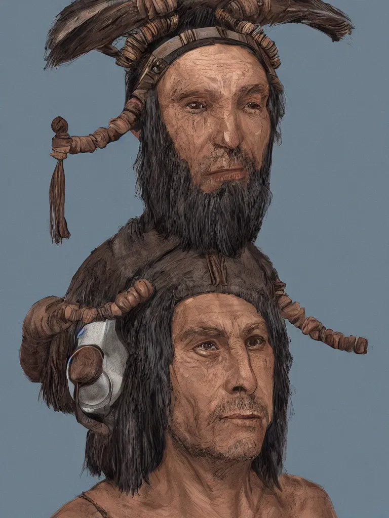 Prompt: portrait of a Neolithic era shaman wearing VR headset, character concept art,