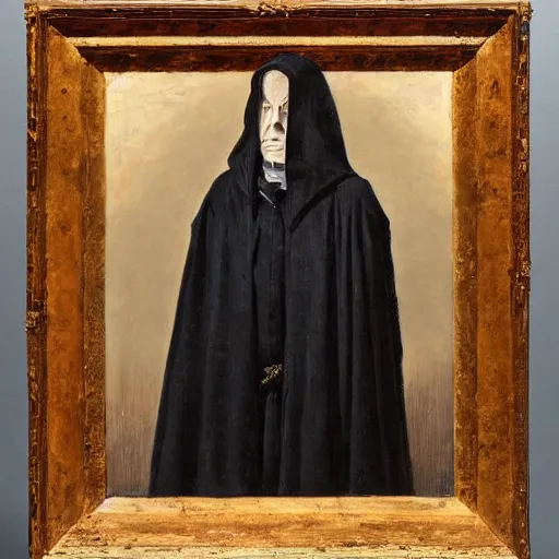 Prompt: a portrait of a man wearing a long dark cloak, hood and shadows covering face, oil painting, high detail