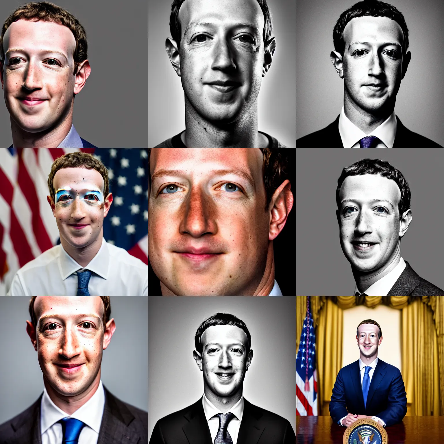 Prompt: headshot of Mark Zuckerberg as the president of the united states, official government portrait, EOS-1D, f/1.4, ISO 200, 1/160s, 8K, RAW, unedited, symmetrical balance, in-frame, Photoshop, Nvidia, Topaz AI