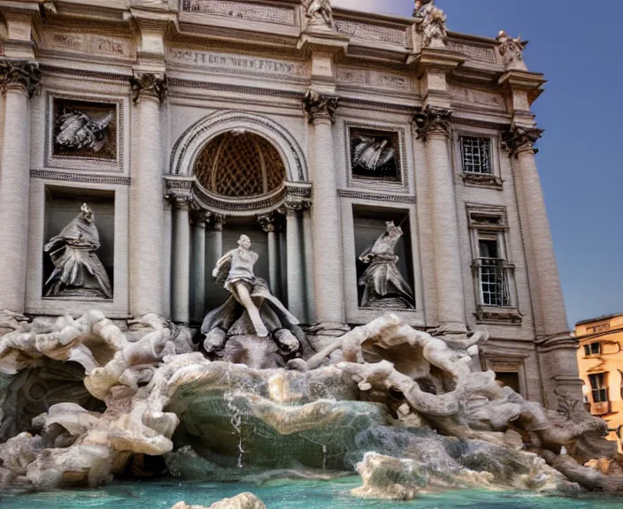 Image similar to 4 k hd, high detail photograph of fountain trevi, shot with sigma f / 4. 2, 2 5 0 mm sharp lens, wide shot, volumetric lighting, high level texture render, unreal engine