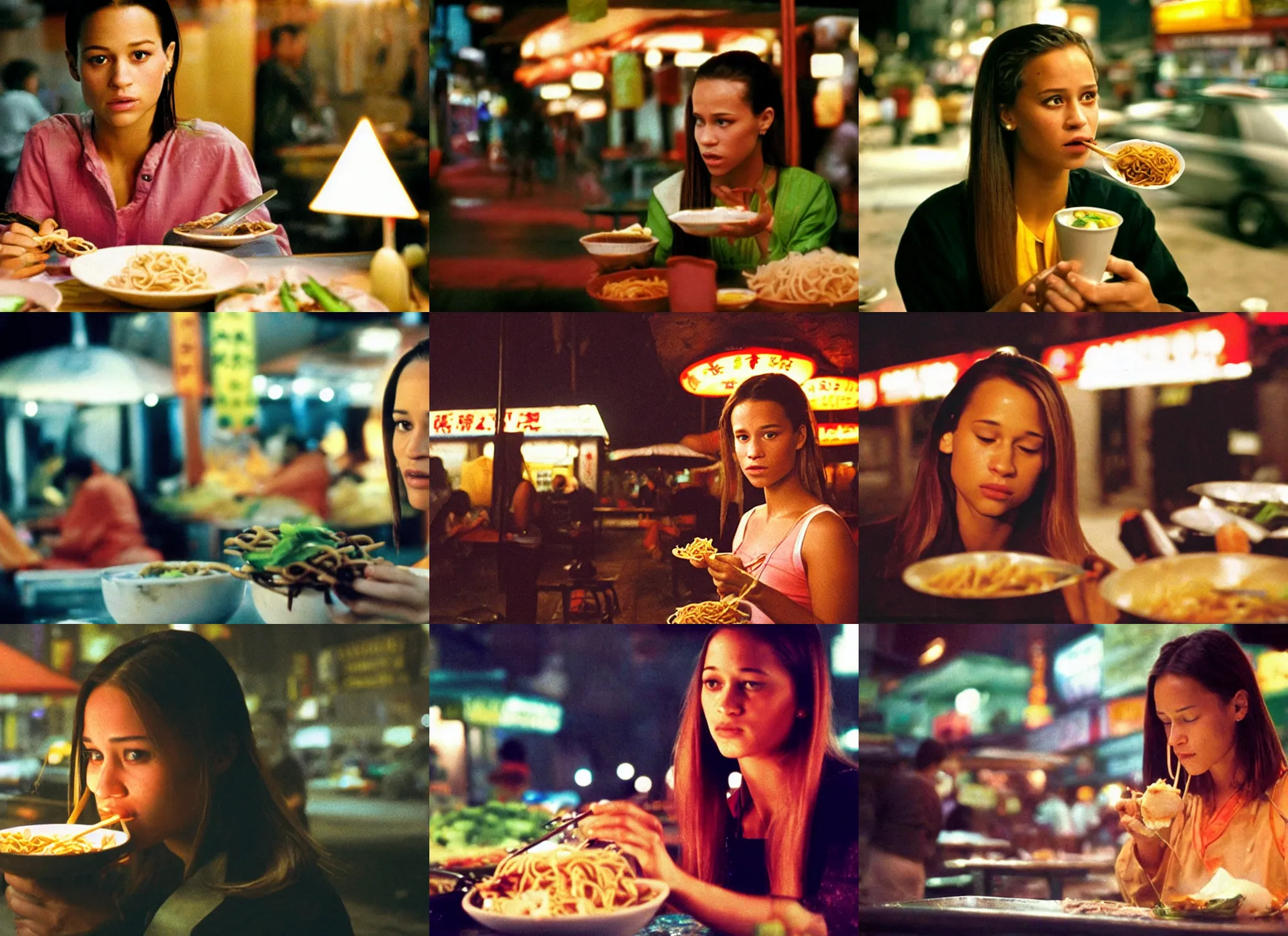 Prompt: A close-up, color outdoor film still of a Alicia Amanda Vikander Eating noodles at a Asian food stall, ambient lighting at night, from Matrix(1999).