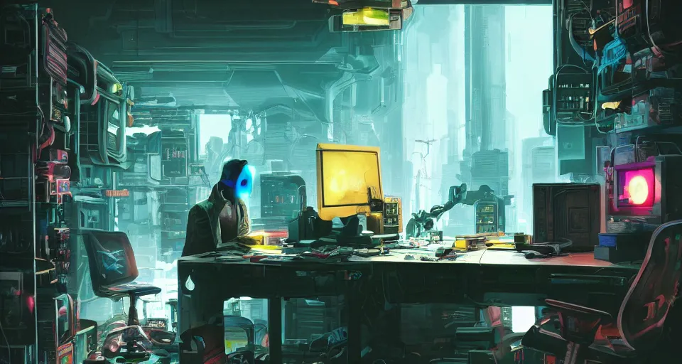 Image similar to IKEA catalogue photo of a cyberpunk bureau gamer, by Paul Lehr