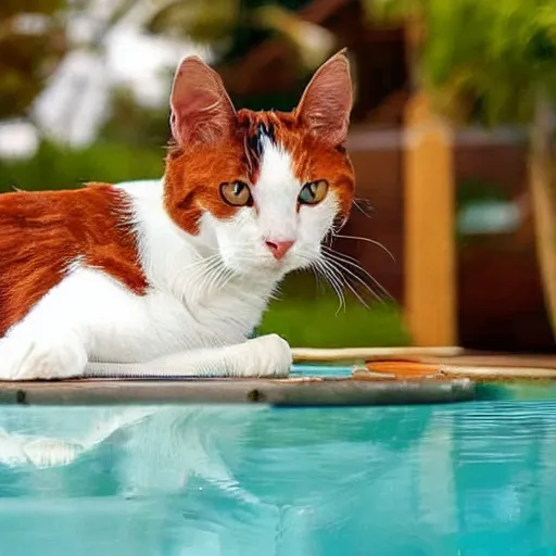 Prompt: a calico cat in a float in a pool