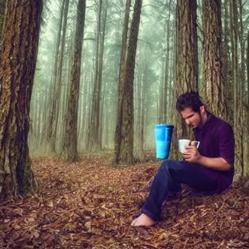 Image similar to dude drinking mug of hot coffee!!!!!!! in a mystical fantasy forest!!!!!!!!!