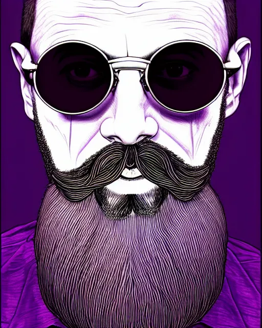 Prompt: detailed hipster skinny man with sunglasses, long vibrant purple beard, dmt, by james gurney + intricate and vibrant work + portrait + trending on artstation + incredible gothic illustration + exquisite detail