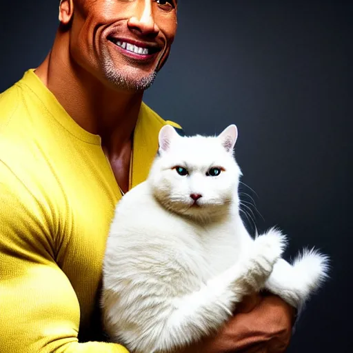 Prompt: dwayne johnson holding a fluffy white cat with yellow eyes, studio lighting, promotional photograph