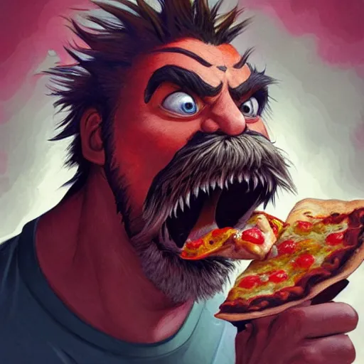 Image similar to portrait of gritty opening his mouth to eat pizza, also smashing pizza with his fists, highly detailed, digital painting, artstation, concept art, sharp focus, illustration, art by artgerm and greg rutkowski and alphonse mucha