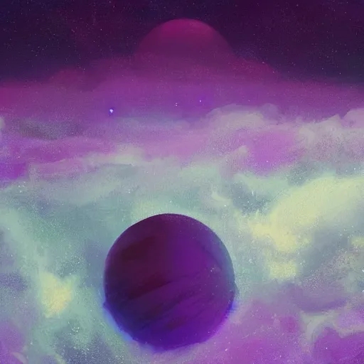 Image similar to a detailed digital painting of a earth - like planet orbiting a large purple sun in space in a sea of stars, by alena aenami, petros afshar and greg rutkowski trending on artstation, deviantart, planet, clouds, earth, exoplanet, stars, nubulae