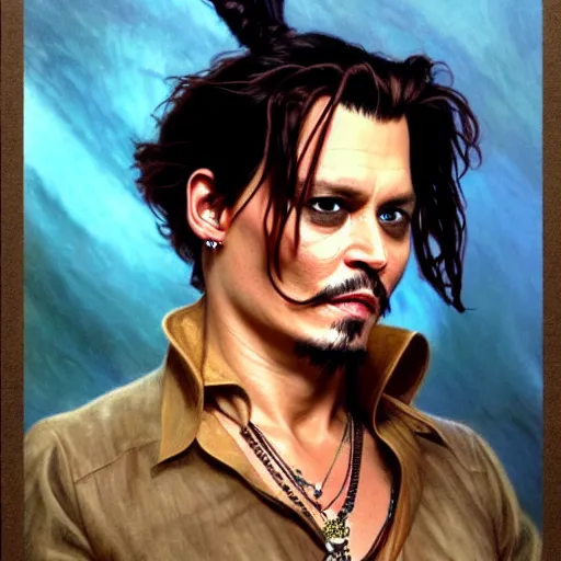 Prompt: full portrait of johnny depp as ace ventura, fantasy, d & d, intricate, detailed, by by alphonse mucha, adolfo hohenstein, alice russell glenny, stanley artgerm lau, greg rutkowski, detailed, trending on artstation, trending on artstation, smooth