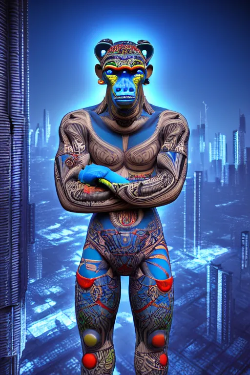 Image similar to high quality 3 d render stylized mischievous cyborg muscular man monkey blue hybrid, neon madhubani, highly detailed, cyberpunk!! mumbai in the background, unreal engine cinematic smooth, szukalski ravi varma, moody light, low angle, uhd 8 k, sharp focus