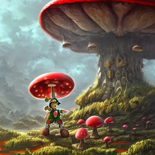 Image similar to Luigi made of earth and molten metal with heavy knight armor in the style of anime by Peter Mohrbacher, Matte painting of mushroom kingdom in background, hundreds of red and white spotted mushrooms in distance anime trending on artstation, HD, 4k,