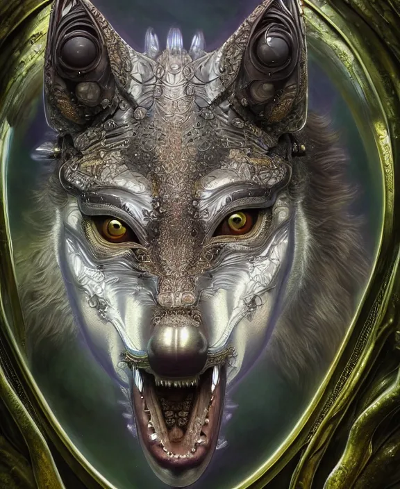 Image similar to simplicity ornate opulent transparent clear see - through portrait of a terrifying beautiful male alien wolf, mottled coloring, adorable, childlike, overgrown jungle environment, ultra realistic, concept art, art nouveau, photorealistic, octane render, 8 k, unreal engine. art by christopher marley and artgerm and greg rutkowski and alphonse mucha