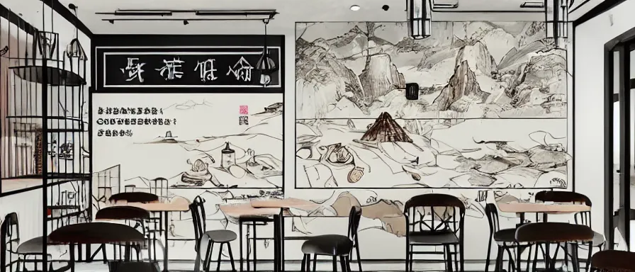 Image similar to a beautiful interior view illustration of a small roasted string hotpot restaurant of baota mountain in yan'an city, restaurant wall paper is a tower with mountain, rectangle white porcelain table, black chair, animation illustrative style, from china, simple style structure decoration design, victo ngai, james jean, 4 k hd