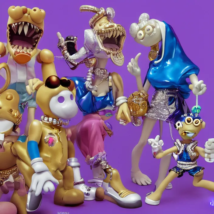 Image similar to jeff koons hip hop bauhaus style street sharks sailor moon wearing diamond grillz and a ton of bussdown iced gold bling in wallace & gromit strata - cut claymation, ultra realistic, concept art, intricate details, serious, highly detailed, photorealistic, octane render, 8 k, unreal engine, art by todd mcfarlane