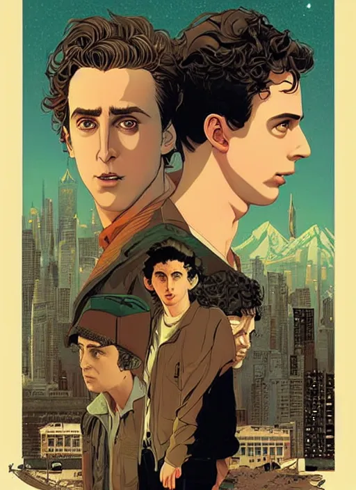 Image similar to poster artwork by Michael Whelan and Tomer Hanuka, Karol Bak of Ryan Gosling and Timothee Chalamet are the Hardy boys, from scene from Twin Peaks, clean