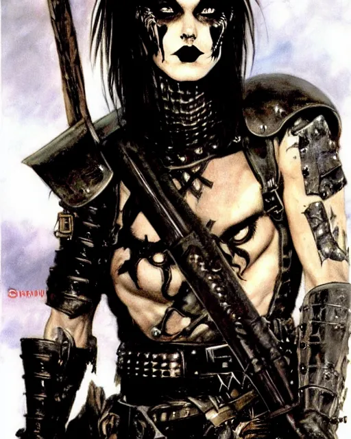 Image similar to portrait of a skinny punk goth soldier wearing armor by simon bisley, john blance, frank frazetta, fantasy, barbarian