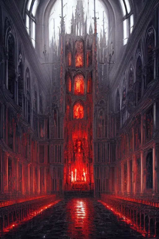 Image similar to a beautiful and terrifying painting with high details of a church made of white bones and skeletons, with white bones in the foreground, red energetic flame burningmovie atmosphere, movie lights, 8 k, light effect, rtx on, trending on artstation, by kilian eng, lee madgwick, bastien lecouffe - deharme