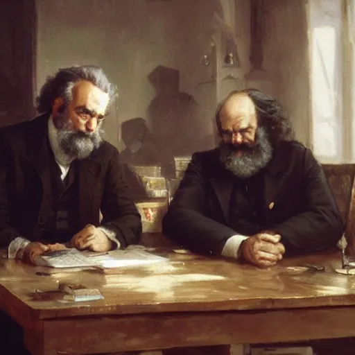 Image similar to Jordan Peterson having a conversation with Karl Marx by Greg Rutkowski, 4k, masterpiece