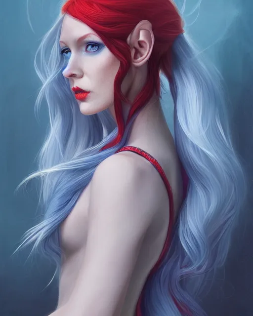 Prompt: A detailed matte oil on canvas head on symmetrical portrait of a distinguished elven woman with red and blue hair on an empty background, by Charlie bowater, Wlop, trending on artstationhd, dungeons and dragons art, parted hair , half blue, half red , split dye, critical role