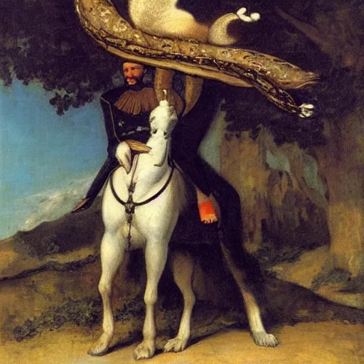 Image similar to a giant squirrel carrying napoleon bonaparte, courbet