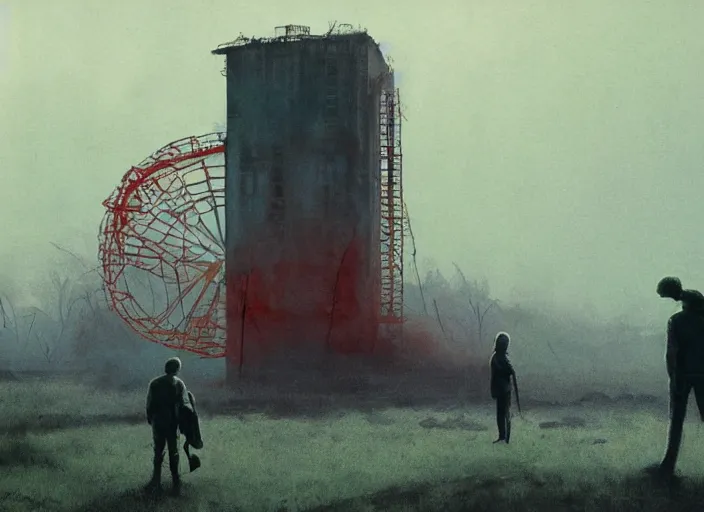 Prompt: scene from the tv series chernobyl edward hopper and james gilleard, zdzislaw beksinski, by greg rutkowski, exotic vegetation, tristan eaton, victo ngai, vibrant red background, whale skeleton, a still from the film alien, hyperrealism