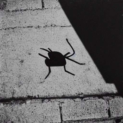 Prompt: wide - shot low - angle ant's eye view, sharp shadow!! of a cat!! only shadow on the wall in the street, polaroid photo, by andy warhol