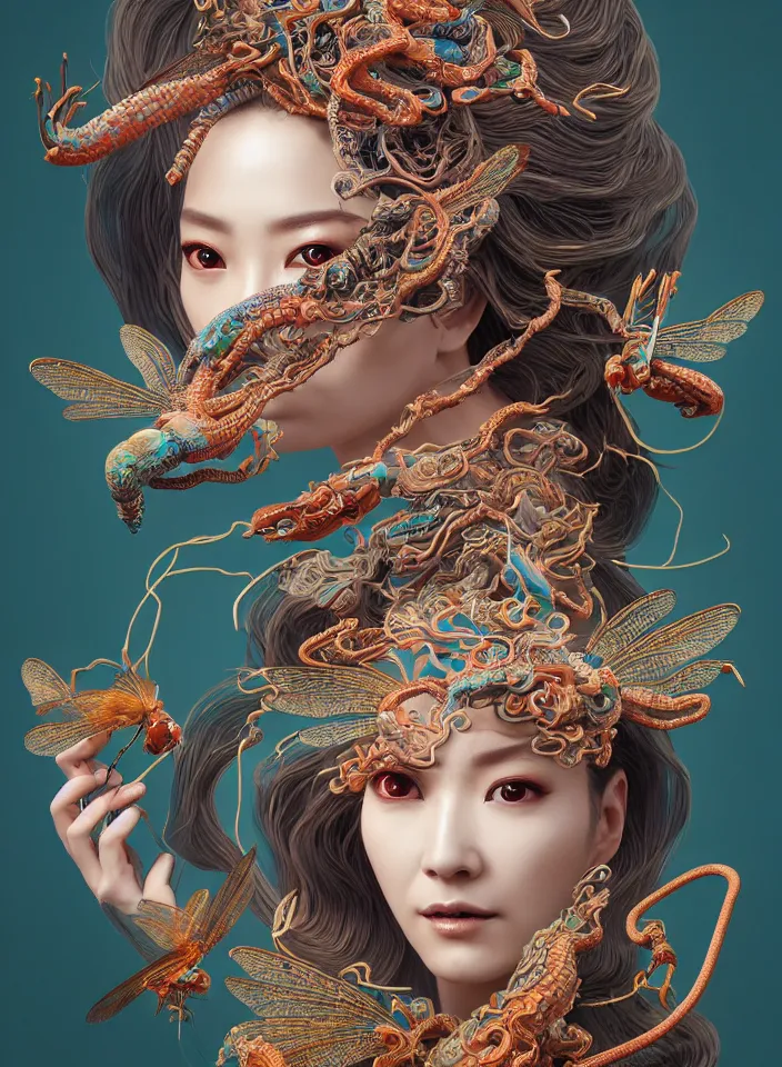 Image similar to 3 d goddess close up profile portrait with agate snake skull, beautiful intricately detailed bird mask and clasical chinese cheongsam. chinese dragon, dragonfly, bio luminescent, plasma, fire, water, wind, creature, artwork by tooth wu and wlop and beeple and greg rutkowski